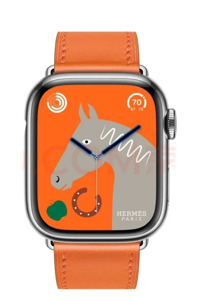 Smartwatch with an orange strap and an orange illustrated display