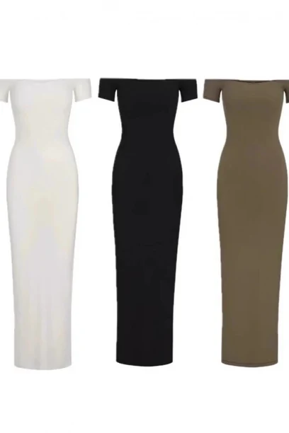 Three fitted dresses in white, black and olive green