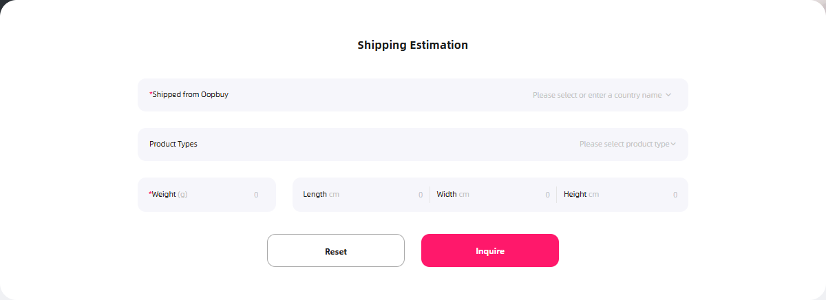 Official Oopbuy Shipping Estimation form with destination, product type, weight and dimensions