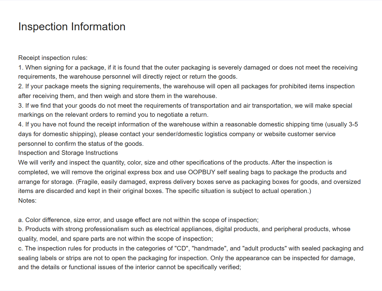 Official Inspection Information article listing receipt checks, inspection scope and exclusions